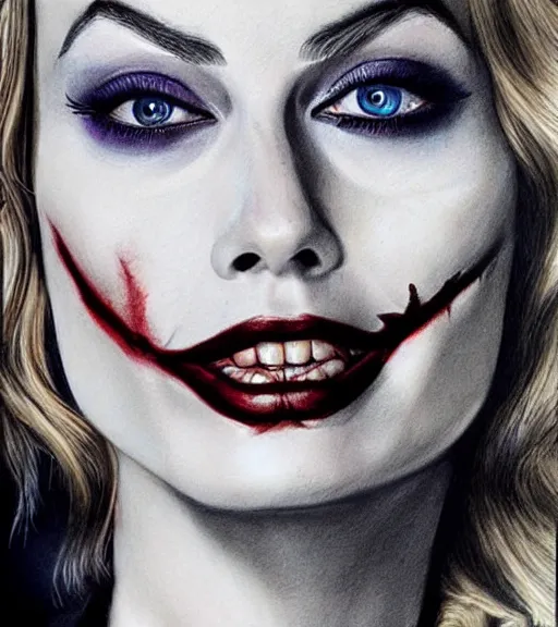 Image similar to margot robbie portrait with joker makeup, pencil drawing, realistic face, beautiful eyes, smiling, hyper realistic, highly detailed