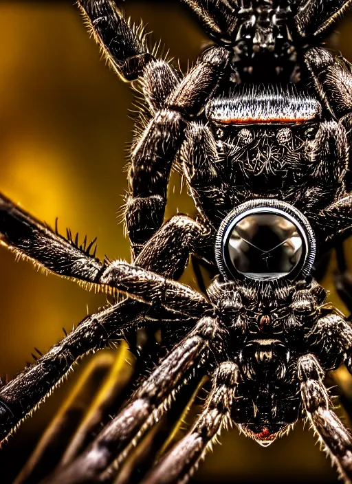 Image similar to macro photo of an intricate mechanic spider, round gears visible from on inside, on the background of a weird magical mechanical forest. Very detailed 8k. Fantasy cyberpunk horror. Sharp. Cinematic post-processing