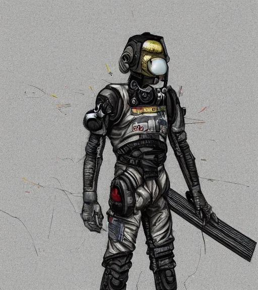 Image similar to realistic cyberpunk japanese engineer with long limbs and a black spacesuit welding a wall, techwear, dead space, visible face, Industrial Scifi, detailed illustration, character portrait, by Martin Grip and Moebius