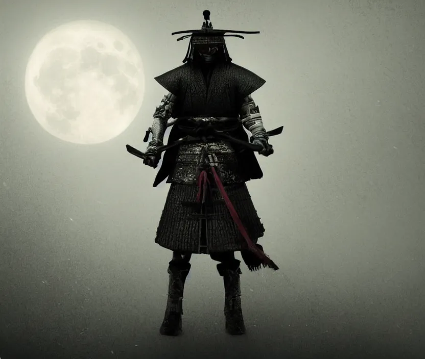 Prompt: '2d design graphic a samurai in the night ,big white moon background , gloomy and foggy atmosphere, octane render, artstation trending, horror scene, highly detailded'