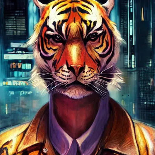 Prompt: a beautfiul award winning commission portrait of an anthro tiger in the neon cyberpunk city at night,wearing a leather jacket,glow effect,detailed face,photorealistic,character design by charles bowater,ross tran,deviantart,artstation,digital art,hyperdetailed,realistoc,western comic style,vfx,dramatic,dream-like