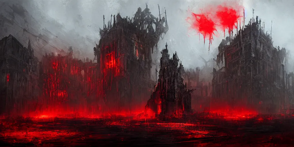 Prompt: grimdark chaos fortress, ruined, terrifying architecture, looming, dark, fog, atmospheric red lighting, flying chaos creatures, dark souls, hyperrealistic, art by sparth