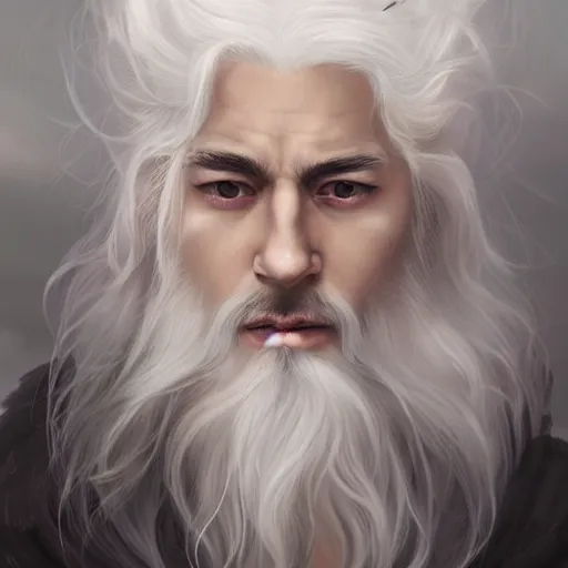 Image similar to white haired robe fu xi full male body portrait, sit upright on the ground, very long white beard and hair, long hair shawl, fine kindness delicate prefect face features gaze, piercing eye, elegant, style of tom bagshaw, cedric peyravernay, peter mohrbacher, victo nga, 4 k hd illustrative wallpaper, animation style, chinese style