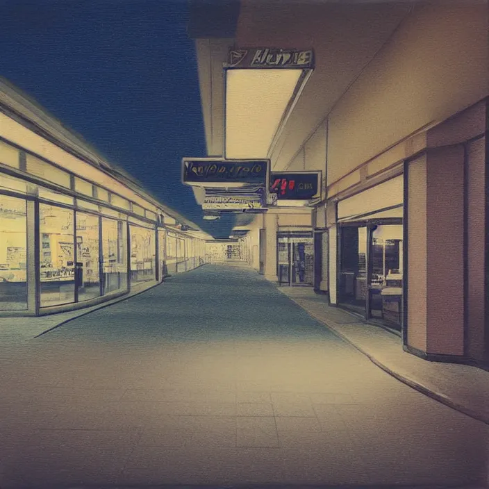 Prompt: unsettling polaroid of a retro mall at night, art by dariusz zawadski, deep depth of field. highly detailed, hyper realism, hd, 4 k