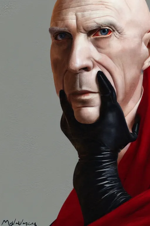 Prompt: a bald pale man in his late nineties. stately and dour in his expression. eyeliner accentuates his sunken eyes. a high black turtleneck covers his thin neck. opulent white golden red robe. white leather gloves with gold decoration, black turtleneck, sharp focus, illustration, digital painting, art by magali villeneuve