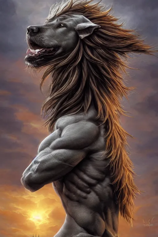 Prompt: Dog as a god, detailed face, gorgeous, amazing, flowing hair, very muscular male body, partial anatomy, stormy background, caesar victorious, proud Emperor, crepuscular ray, intricate, highly detailed, 8K, digital painting, fantasy, artstation, concept art, sharp focus, over-shoulder shot, illustration, art by Wayne Barlowe and alphonse mucha