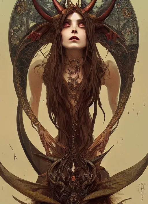 Image similar to a beautiful illustration of a satanic witch with horns in head, intricate, sharp focus, illustration, highly detailed, digital painting, concept art, matte, art by wlop and artgerm and greg rutkowski and alphonse mucha, masterpiece