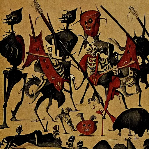 Prompt: skeleton knights painted by hieronymous bosch