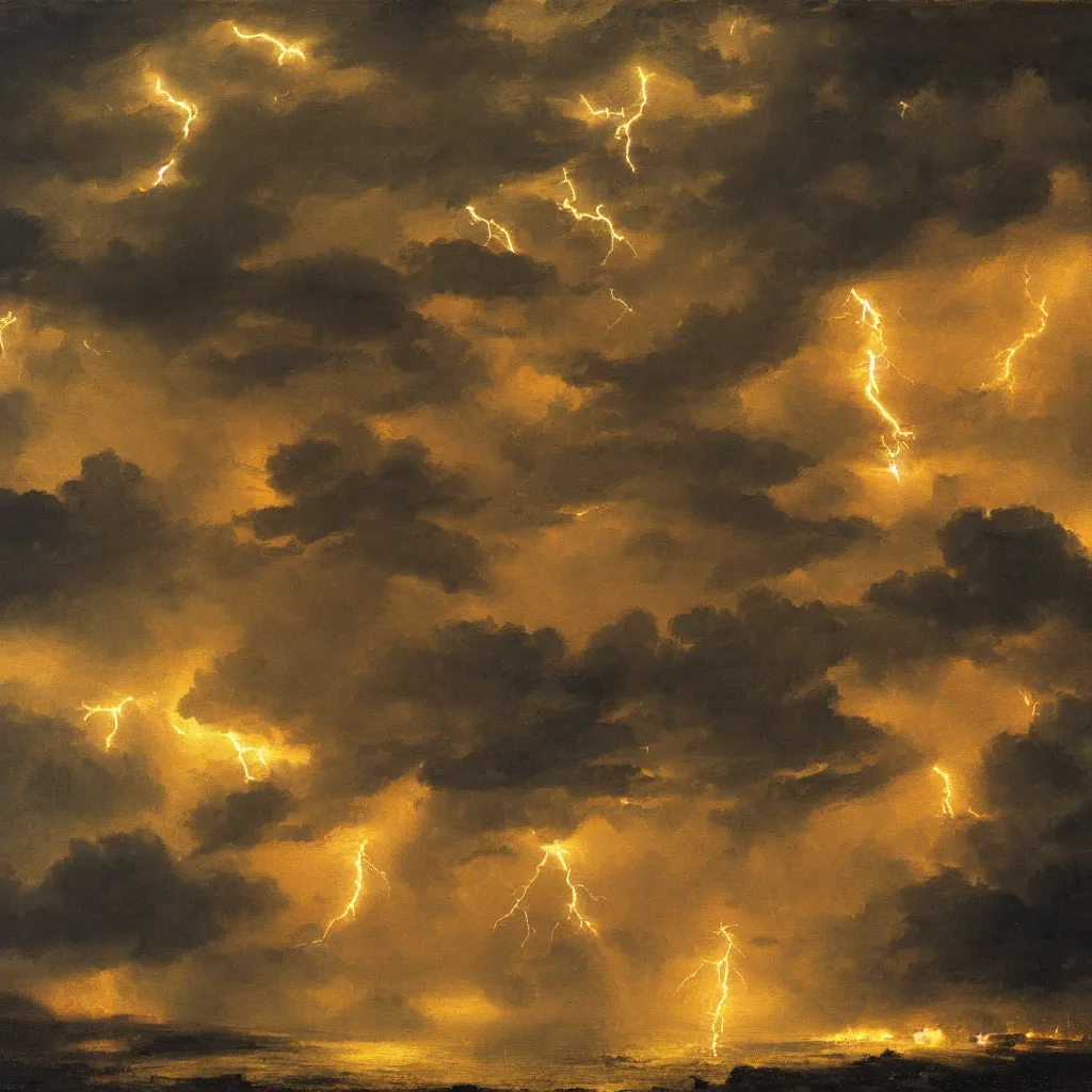 Image similar to thunderstorm with lots of lightning, oil painting