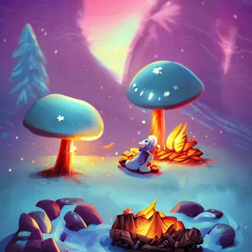 Image similar to two smiling and expressive chibi mushroom characters sitting around a campfire near a frozen forest, tundra setting, dramatic night sky, aurora borealis. very very very beautiful artwork, trending on artstation, digital artwork, cinematic lighting, 4K, amazing artwork, trending on Behance award-winning art