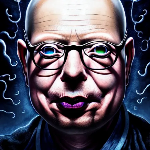 Image similar to uhd photorealistic dark scifi illustration of klaus schwab, reading necronomicon, wearing bizarre voodoo makeup. cinematic lighting, intricate makeup, swirling ghosts, in the style of akira toriyama, beksisnski, amano and karol bak, evil, fantasy, hyperdetailed.