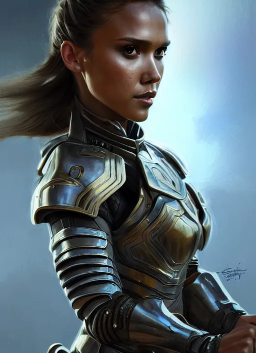 Image similar to portrait of a beautiful female soldier from the future wearing armor, jessica alba, intricate, elegant, glowing lights in armor, highly detailed, digital painting, artstation, glamor pose, concept art, smooth, sharp focus, illustration, epic angle, art by artgerm and greg rutkowski, artey freytag, alvin schwartz