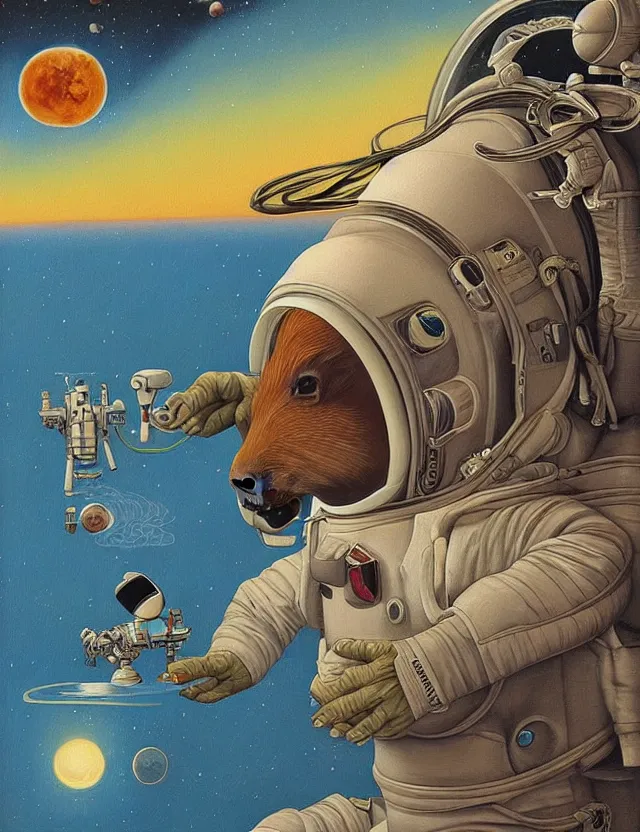 Image similar to beautiful detailed painting of a capybara astronaut in a spacesuit floating above earth by casey weldon by mark ryden by thomas blackshear