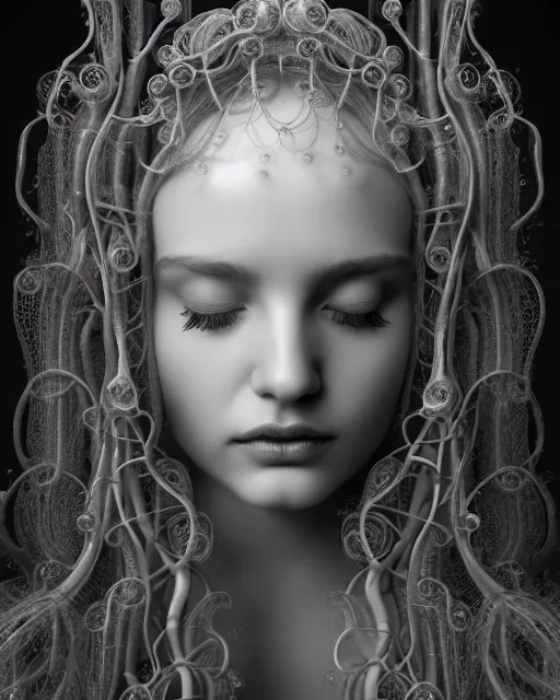 Prompt: surreal mythical dreamy underwater artistic black and white 3 d render of a translucent beautiful young female angelic - medusa - vegetal - doll, highly detailed, intricate crystal ivy jelly ornate, poetic, translucent algae ornate, digital art, octane render, 8 k artistic photography, photo - realistic, hg giger flora borsi