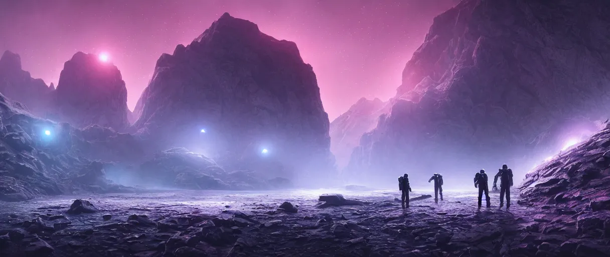 Prompt: astronauts investigate strange lifeforms close to a wild river on an alien planet, mountains, rivers, small pink foggy and gloomy, blue lights, bokeh background, highly detailed science fiction illustration by jeremy geddes. photorealistic, octane render, hyper detailed, 8 k, movie still, artstation, unreal engine
