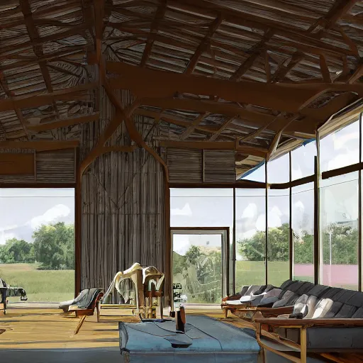 Image similar to interior view of modern futuristic farm barn architecture, cows laying down on sofas and pigs and chickens sitting in lounge chairs, modern interior design, throw pillows, areas rugs, feed troughs, hay, detailed luminescent oil painting 4 k