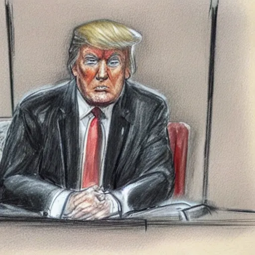 Image similar to donald trump on trial, courtroom sketch