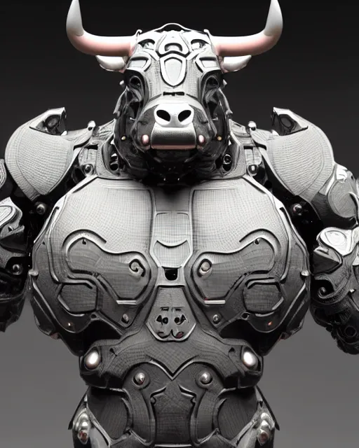 Image similar to a full body shot of a imposing cyborg ( bull ) modeled after a bull with open eyes looking into the camera, intricate pattern, hard rubber chest, highly detailed, android, cyborg, full body shot, intricate, 3 d, symmetrical, octane render, fantasy, highly detailed, digital art, artstation, strong bokeh