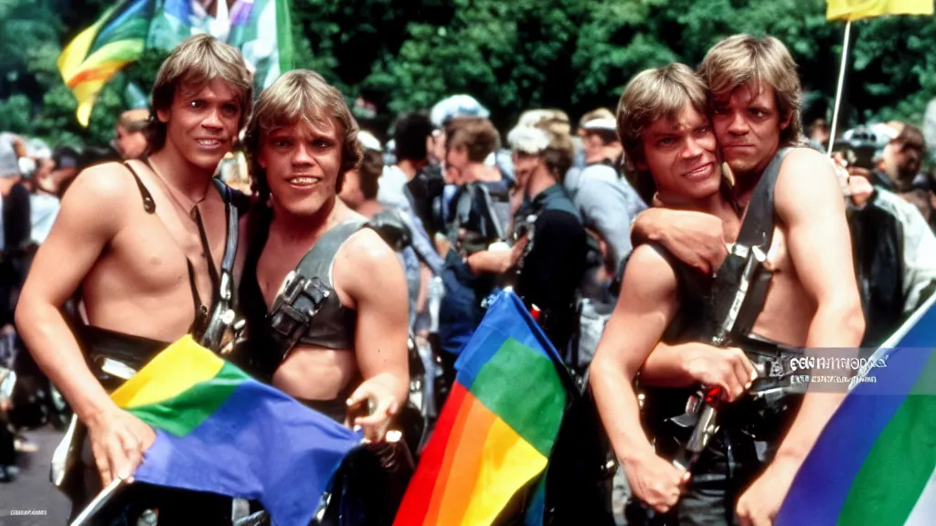 Image similar to rotj luke skywalker and the mandalorian go to pride, getty images, victorious, flags, parade, gay rights, bright smiles, daylight, twenty three year old luke skywalker and din djarin at gay pride, 3 5 mm photography, young mark hamill and pedro pascal, very happy, smiling