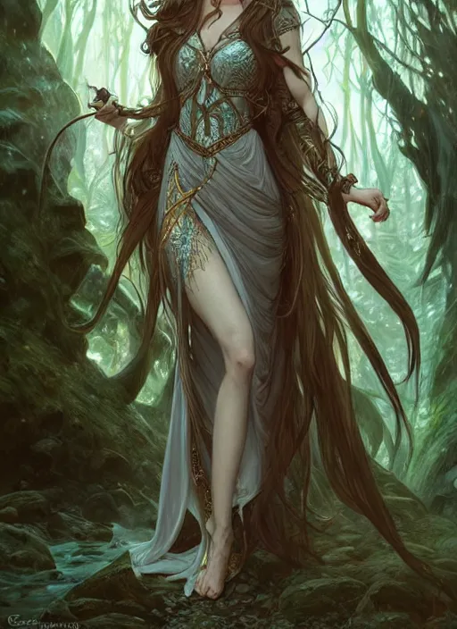 Image similar to full body of a fantasy elf female sorceress queen with long hair flowing in an ancient forest filled with magic, highly detailed, digital painting, artstation, smooth, sharp focus, illustration, art by artgerm and greg rutkowski and alphonse mucha, intricate dress, fine