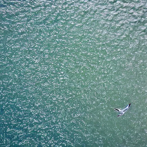 Prompt: simmetrical photo of a seagull flying seen exactly from above. Watching down. Seagull seen from above. 4k still award winning. Pleasant look and colors. Sea on the background.