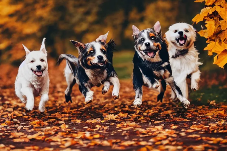 Prompt: dogs running through autumn leaves with motion blur towards the camera