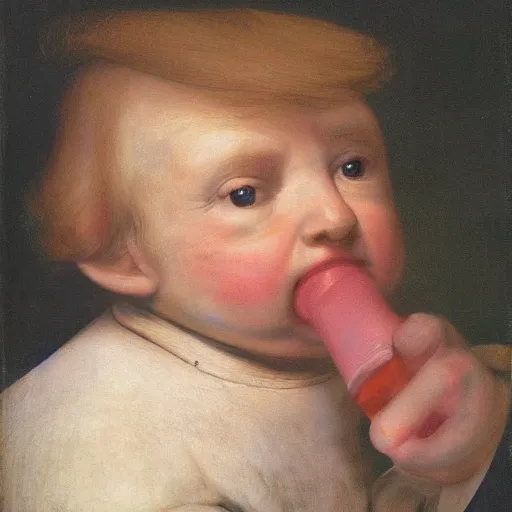 Prompt: Donald trump’s adult head on an oversized baby body, drinking from a large bottle, Rembrandt