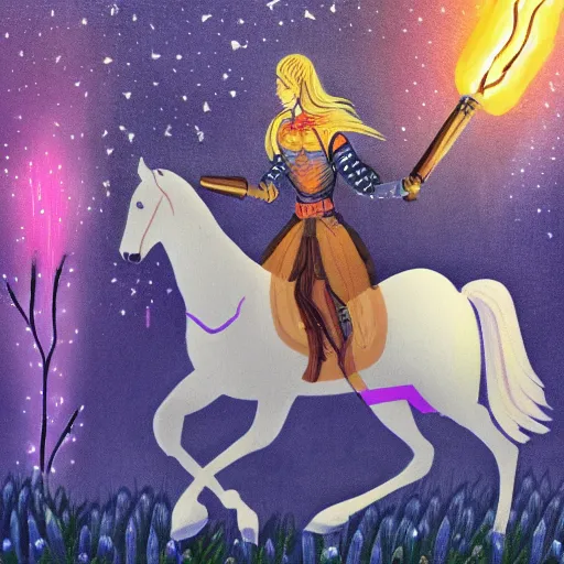 Prompt: female knight riding a horse, holding a violet torch that lights up the dark forest during the night painting