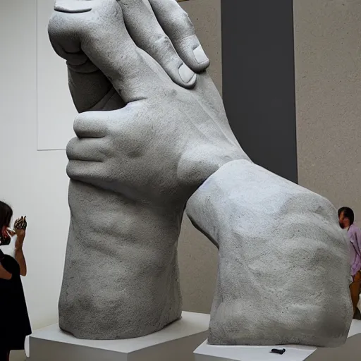 Prompt: statue of giant fist in art gallery