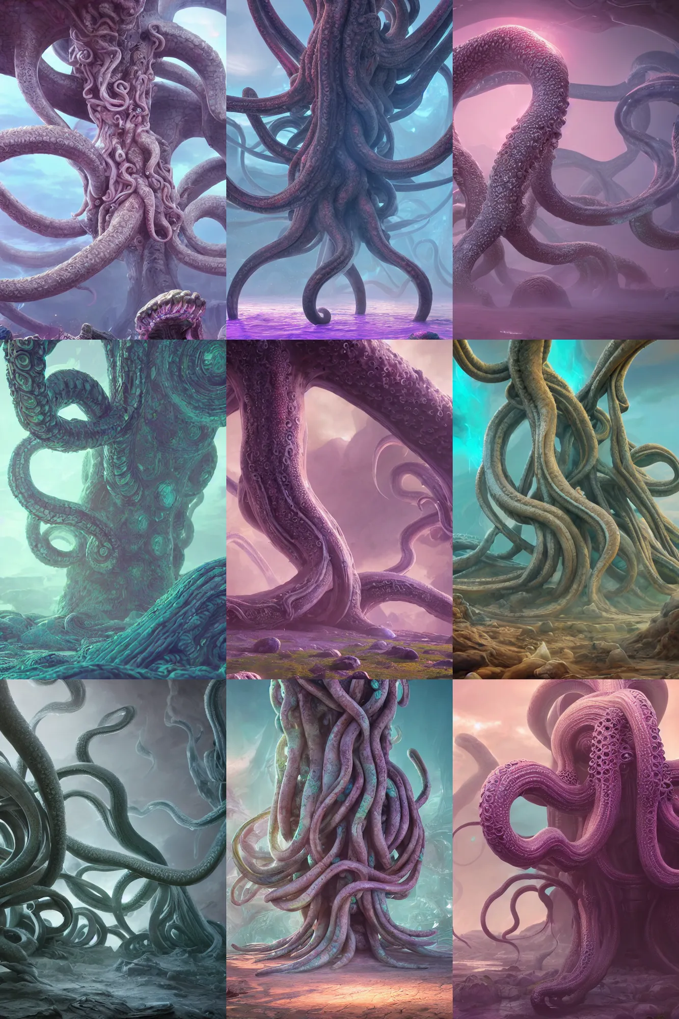 Prompt: giant ancient alien tentacles artwork, pastel colors, detailed background, extremely detailed, octane rendering, sharp focus, volumetric light, particles, unreal engine 5, rtx