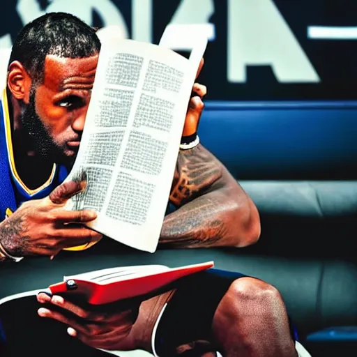 Image similar to professional close up shot photograph of lebron james reading a book while in an nba game, wearing nba jersey, standing, award - winning photograph, highly detailed, dramatic posing, 8 k quality, high quality