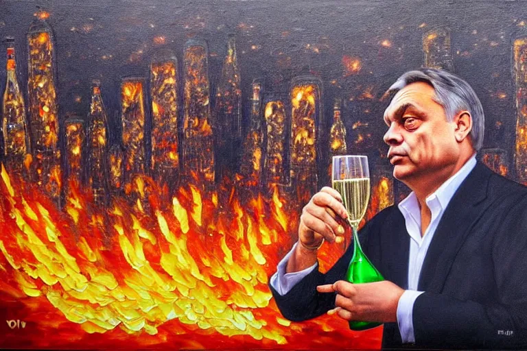 Image similar to viktor orban drinking champagne in front a burning city, highly detailed eyes, oil painting