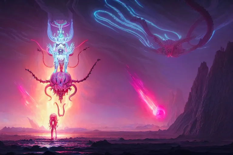 Image similar to rebulon the ancient demon, by lisa frank and greg rutkowski, masterpiece concept art, 8 k, intricate detail, cinematic lighting, epic pose, deep colors, majestic view