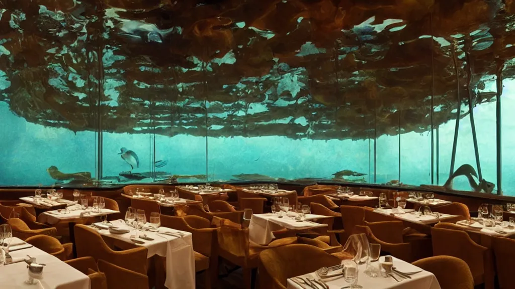 Image similar to restaurant, made of water, film still from the movie directed by Denis Villeneuve with art direction by Salvador Dalí, wide lens