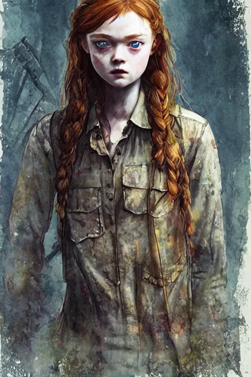 Image similar to sadie sink as ellie in the last of us, dirt, fashion, fantasy, art by ayami kojima, vasnetsov, cedric peyravernay