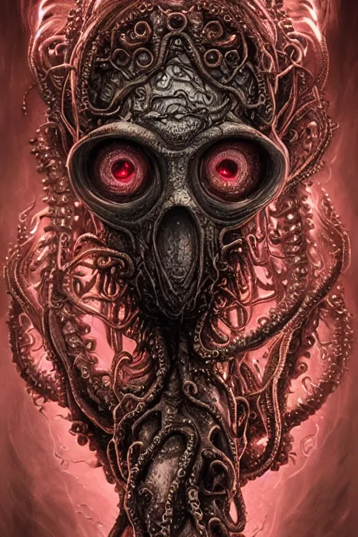 Image similar to realistic portrait of beautifully crystalized and detailed portrait of a biomech zombie with gasmask, tentacles, tendrils, eldritch, matte painting of cinematic movie scene red dragon, horror, created by gustave dore and greg rutkowski, high detailed, smooth draw, synthwave neon retro, intricate, realistic proportions, dramatic lighting, trending on artstation.