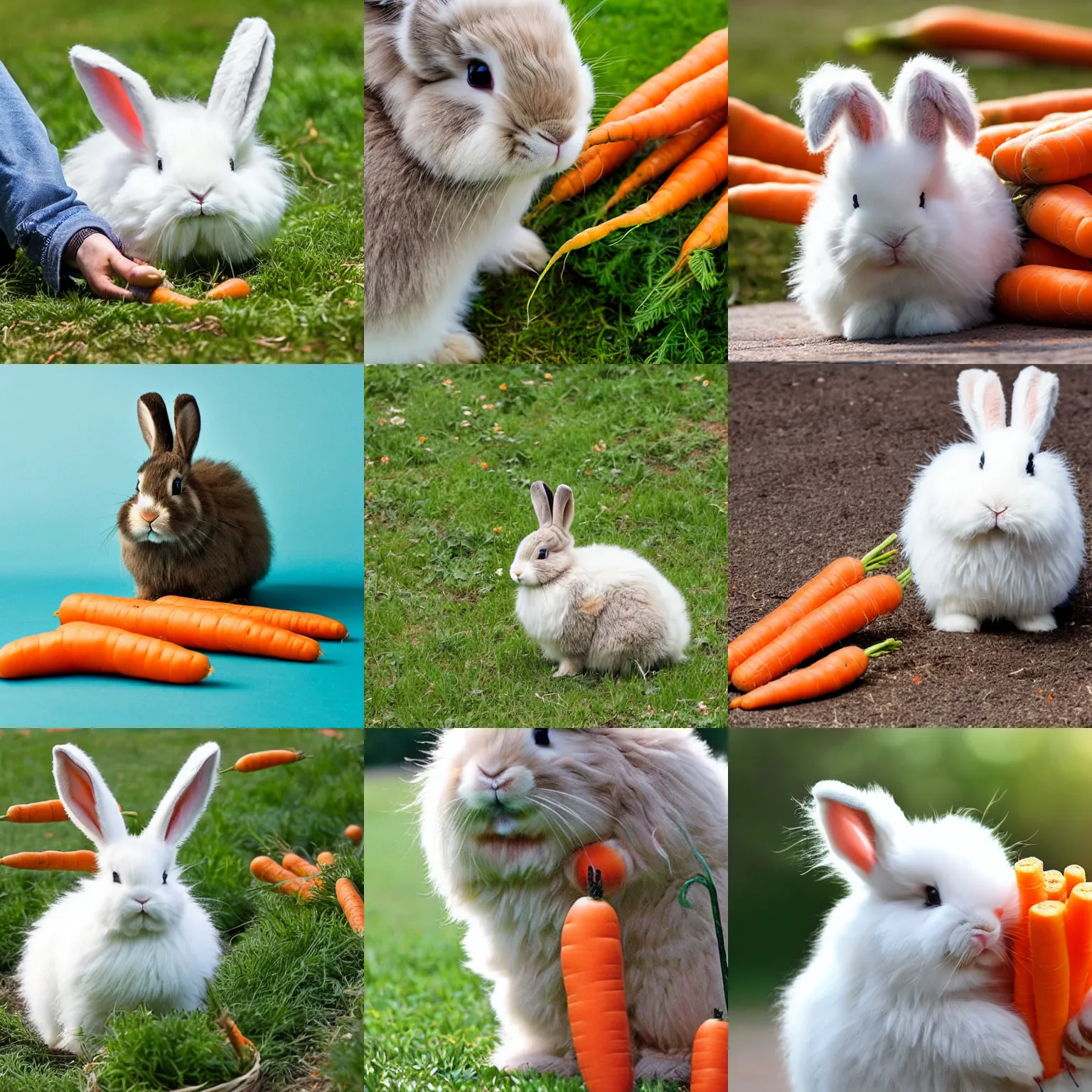 Prompt: a fluffy bunny stealing carrots, cute, hairy, photograph, very fluffy