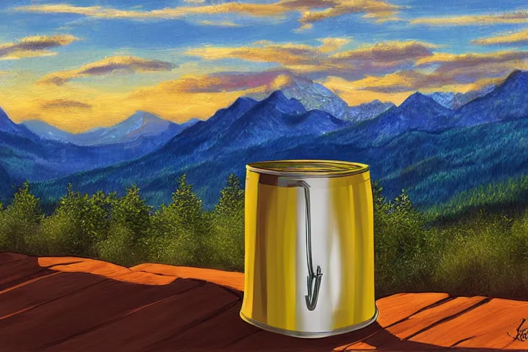 Image similar to a beer keg with mountain views, digital art