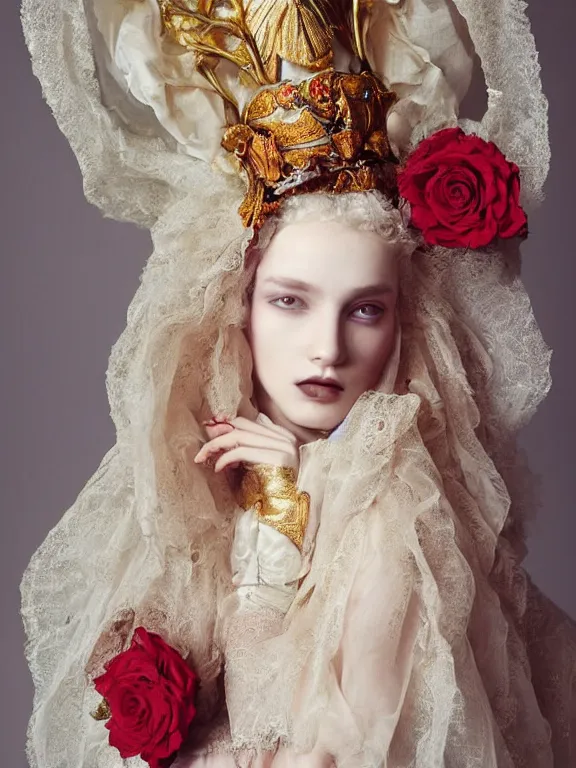 Image similar to a catholic veiled Princess who has rococo dramatic headdress with roses,by Annie Stegg and Jovana Rikalo and VICTOR NIZOVTSEV and Nekro and Billelis,avian-inspired,beaded embroidery,trending on pinterest,hyperreal,Kintsukuroi,gold,maximalist