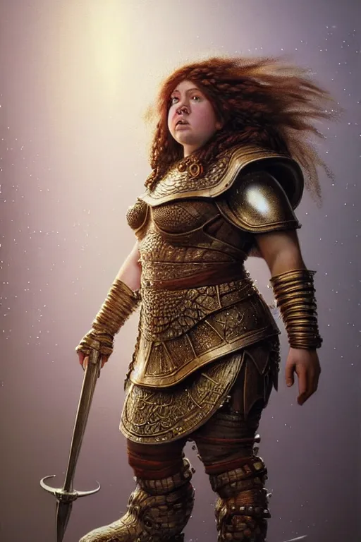 Image similar to hyperrealistic mixed media painting of a female dwarven cleric, chubby short stature, d&d, full body, stunning 3d render inspired art by P. Craig Russell and Barry Windsor-Smith + perfect facial symmetry + dim volumetric lighting, 8k octane beautifully detailed render, post-processing, extremely hyperdetailed, intricate, epic composition, grim yet sparkling atmosphere, cinematic lighting + masterpiece, trending on artstation, very very detailed, masterpiece, stunning