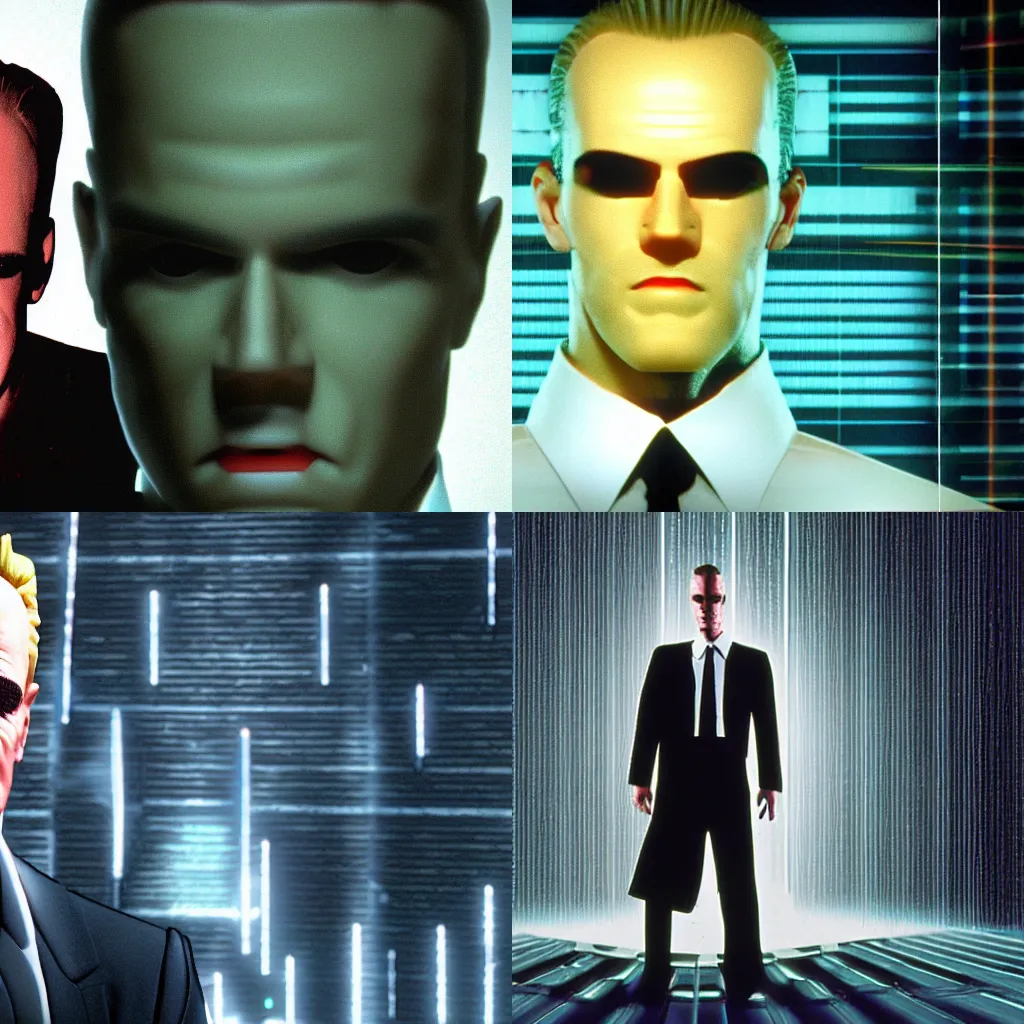 Prompt: 3 d octane render of max headroom as agent smith from the matrix ( 1 9 9 9 )