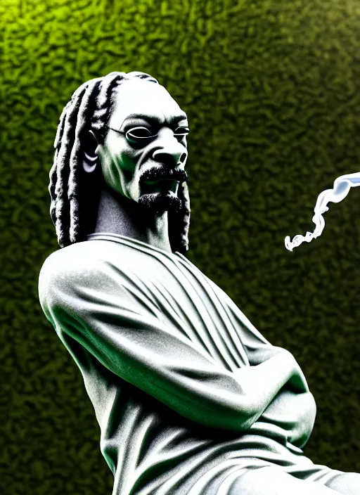 Prompt: snoop dog as marble statue, smoking weed, in marijuanas gardens, soft surface texture, very realistic 3 d render, soft sun lights, 4 k, high detailed photography result, 5 0 mm lens, rich deep colors, smooth gradients, depth of field, cinematic, hyper realism, high detail, octane render, unreal engine, 8 k, vibrant colors