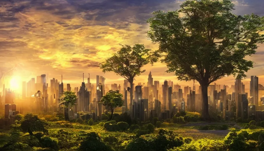 Prompt: photo of sunrise over a beautiful solarpunk city, many trees, flying cars, dramatic lighting, romantic, eco system, hyper realistic,