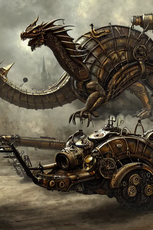 Image similar to hyper realistic dragon lying down with steam punk tanks and tubes and breathing apparatus on its back, white background, full frame, art byjon foster