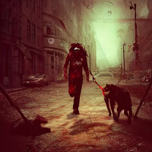 Prompt: dogwalker with german shepherd as angry zombie in a city park, full body portrait, horror core, apocalyptic, sharp focus, fiction, hyper detailed, digital art, trending in artstation, cinematic lighting, studio quality, smooth render, unreal engine 5 rendered, octane rendered, art style and nixeu and wlop and krenz cushart