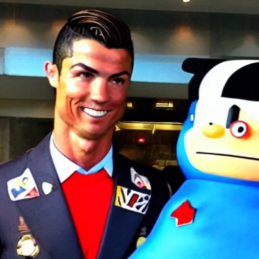 Image similar to cristiano ronaldo wearing a nazi uniform hanging with doraemon in japan