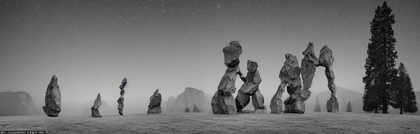 Image similar to to fathom hell or soar angelic, just take a pinch of psychedelic, medium format photograph of two colossal minimalistic necktie sculpture installations by antony gormley and anthony caro in yosemite national park, made from iron, marble, and limestone, granite peaks visible in the background, taken in the night