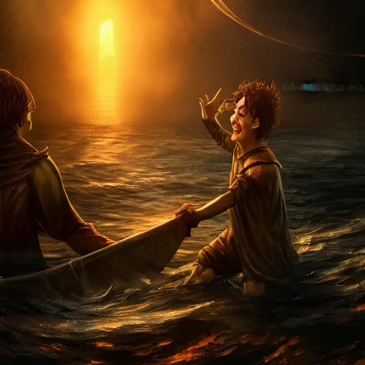 Image similar to lord sauron drowning while frodo is laughing, digital art, trending on art station, high quality, uhd 8 k, beautiful, golden hour, intricate detail, high gradient, raytracing