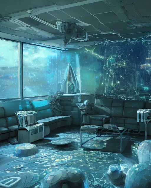 Image similar to artstation scifi scene of a safe room as ikea ad, lounge furniture, sky mural on the room ceiling, holographic glitchart walls, windows, large terrarium, paneled walls, unreal engine 5, hyper realism, realistic shading, cinematic composition, blender render, octane render, hdr, detailed textures, photorealistic, wide shot