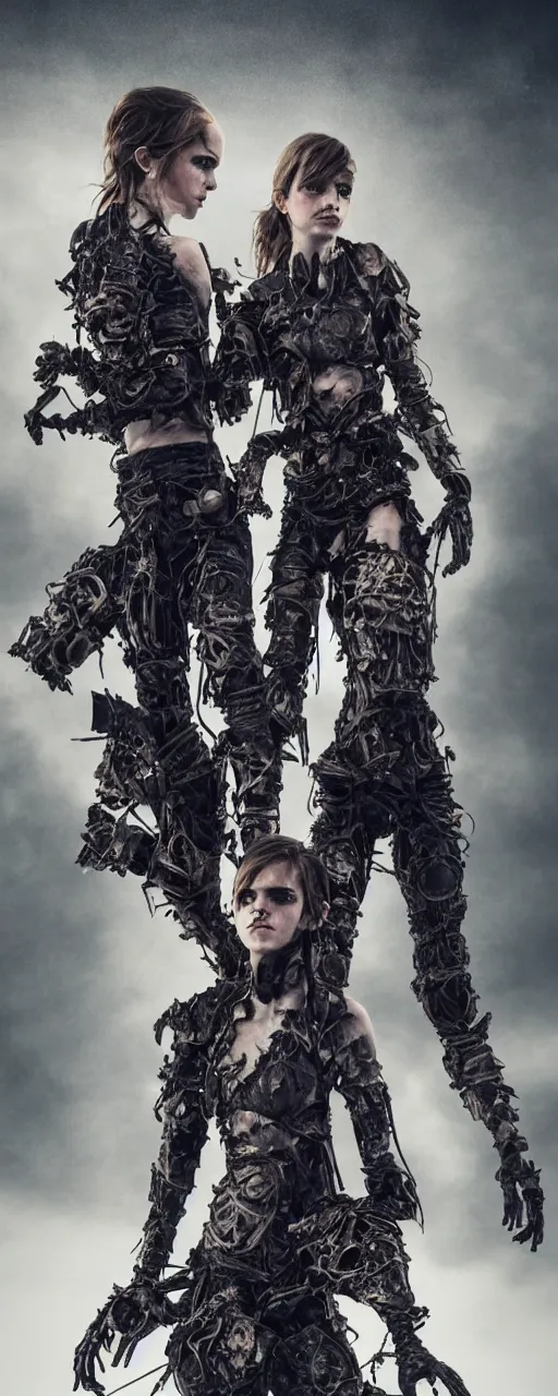 Image similar to Emma Watson fractal armour twinned conjoined sisters action poses dishevelled photorealistic portrait grimy sweating wet face dirty t-shirt and torn jeans in broken biomechanical fractal armour abandoned exploding sci-fi gas station, dark and dim atmospheric smog trending on artstation 8k matte painting, dramatic lighting, dramatic shadows professional photograph by Irving Penn